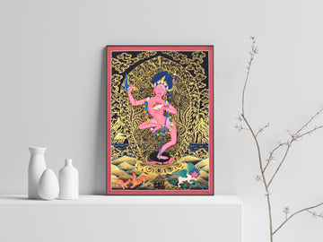Hand-painted Dorje Phagmo thangka in black and gold on a white shelf: the red goddess dances, holding a curved knife