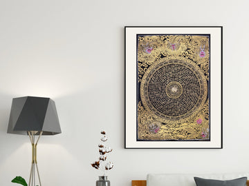 Hand-painted dragon mantra mandala in gold on black, in a black frame with a white mat: rings of mantra script surrounded by dragons