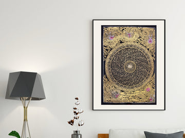Hand-painted dragon mantra mandala in gold on black, in a black frame with a white mat: rings of mantra script surrounded by dragons