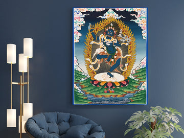 Hand-painted Nairatmya thangka on a dark blue wall: the blue goddess dances in a ring of flames