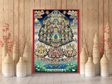 Hand-painted Refuge Tree thangka against a wooden wall: buddhas, teachers and deities gathered on a great tree above a lake