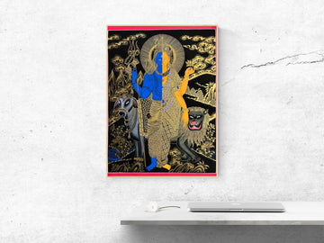 Hand-painted thangka of Shiva and Parvati as one figure, half blue and half gold, with a bull and a lion, framed on a white wall