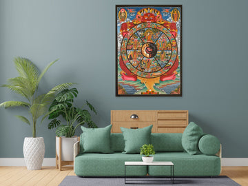A 95 × 131 cm Wheel of Life thangka shown to scale on a living-room wall above a sofa about 210 cm wide