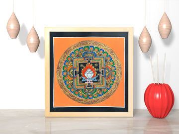 Hand-painted wish-fulfilling jewel mandala in a light wooden frame: white jewels in red flames at the centre of the palace