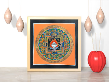 Hand-painted wish-fulfilling jewel mandala in a light wooden frame: white jewels in red flames at the centre of the palace
