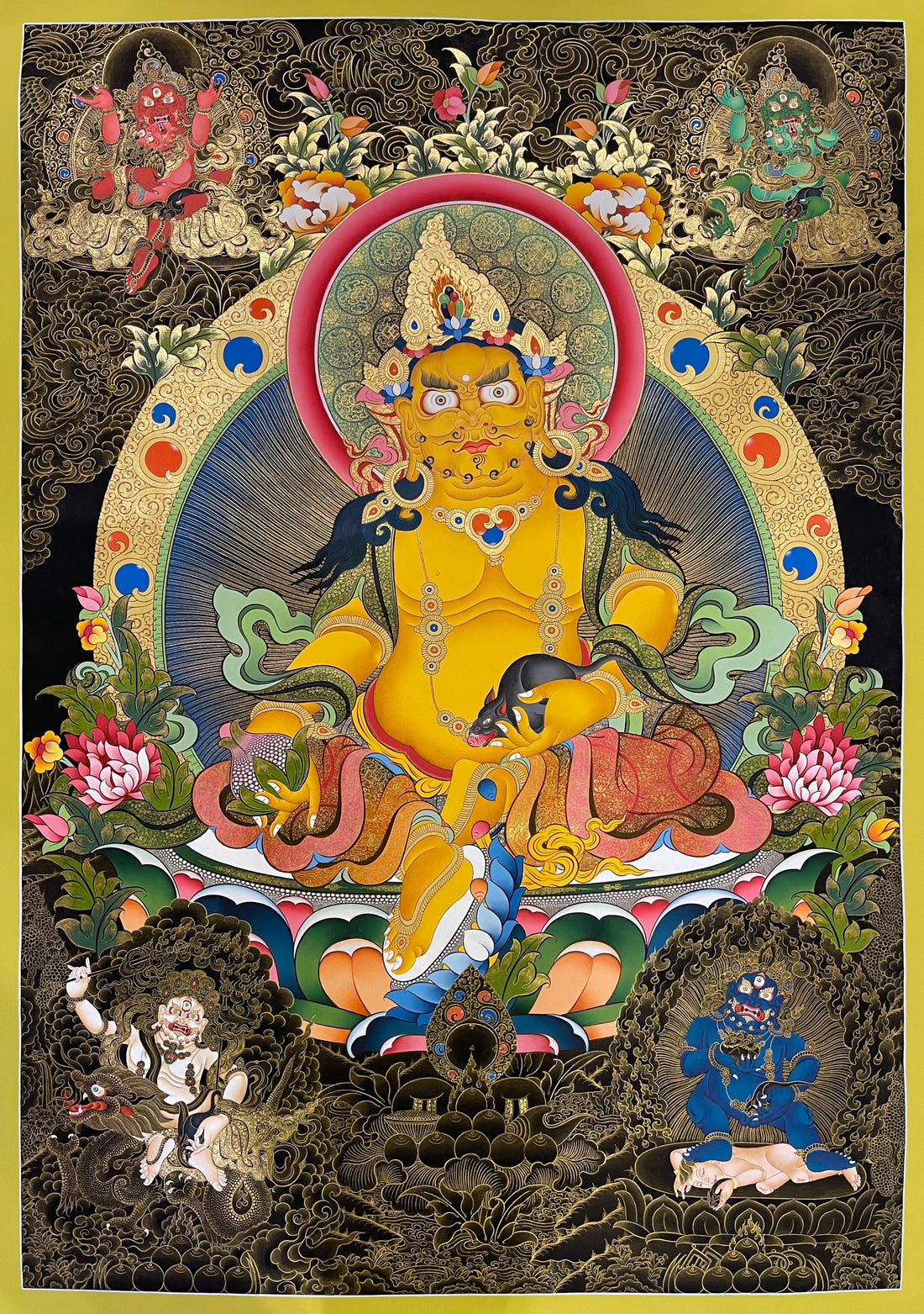 Jambhala thangka, 77×110 cm: yellow Jambhala with a mongoose, with four more Jambhalas in the corners, on black and gold-coloured clouds