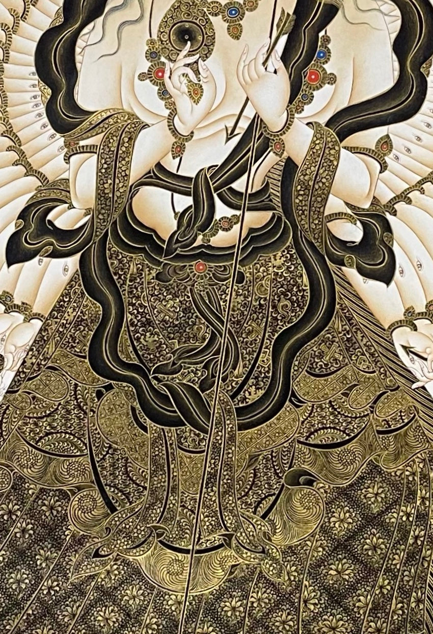 Dukkar thangka, 77×110 cm: thousand-armed Dukkar in black and gold, with Shakyamuni and Green Tara above