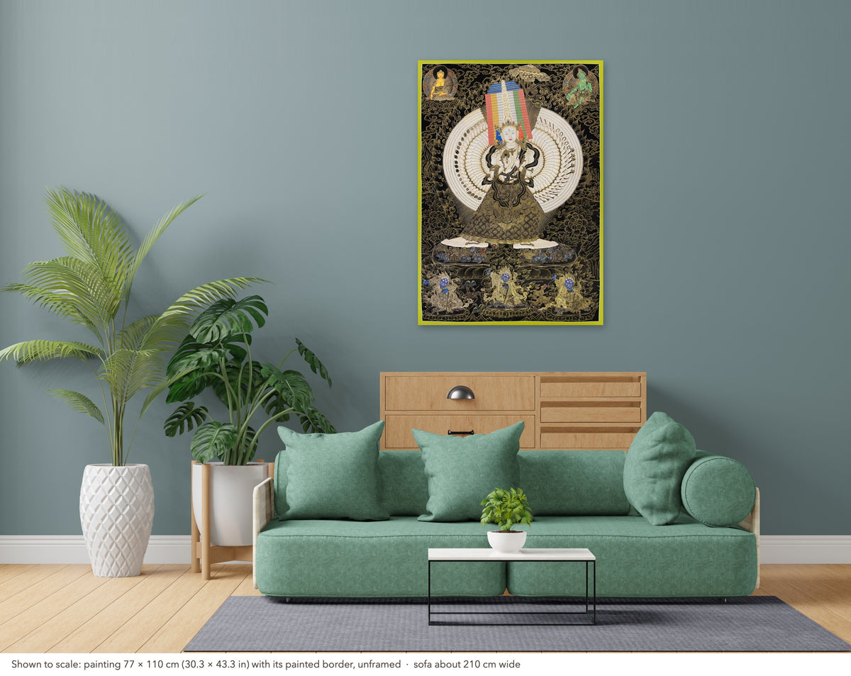 Dukkar thangka shown to scale in a living room, unframed, above a sofa about 210 cm wide (77×110 cm)