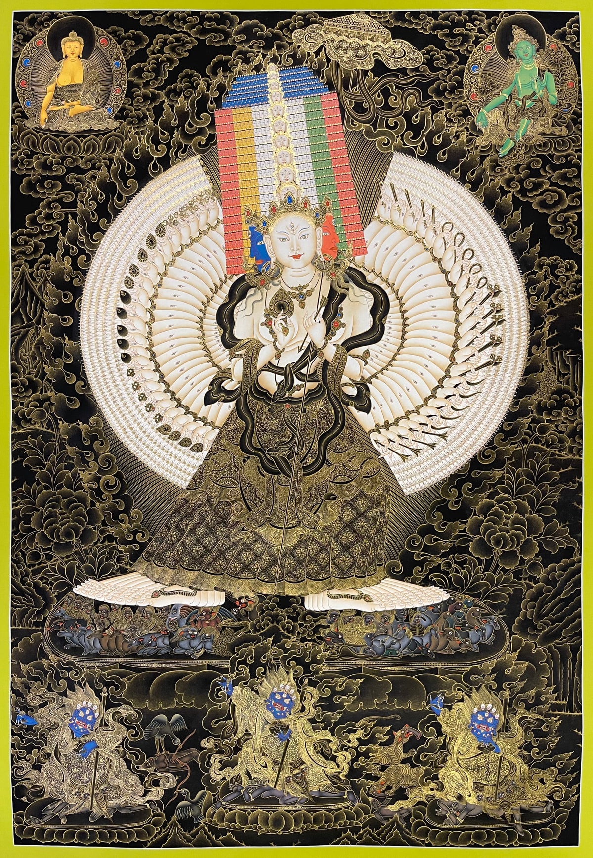 Dukkar thangka, 77×110 cm: thousand-armed Dukkar in black and gold, with Shakyamuni and Green Tara above