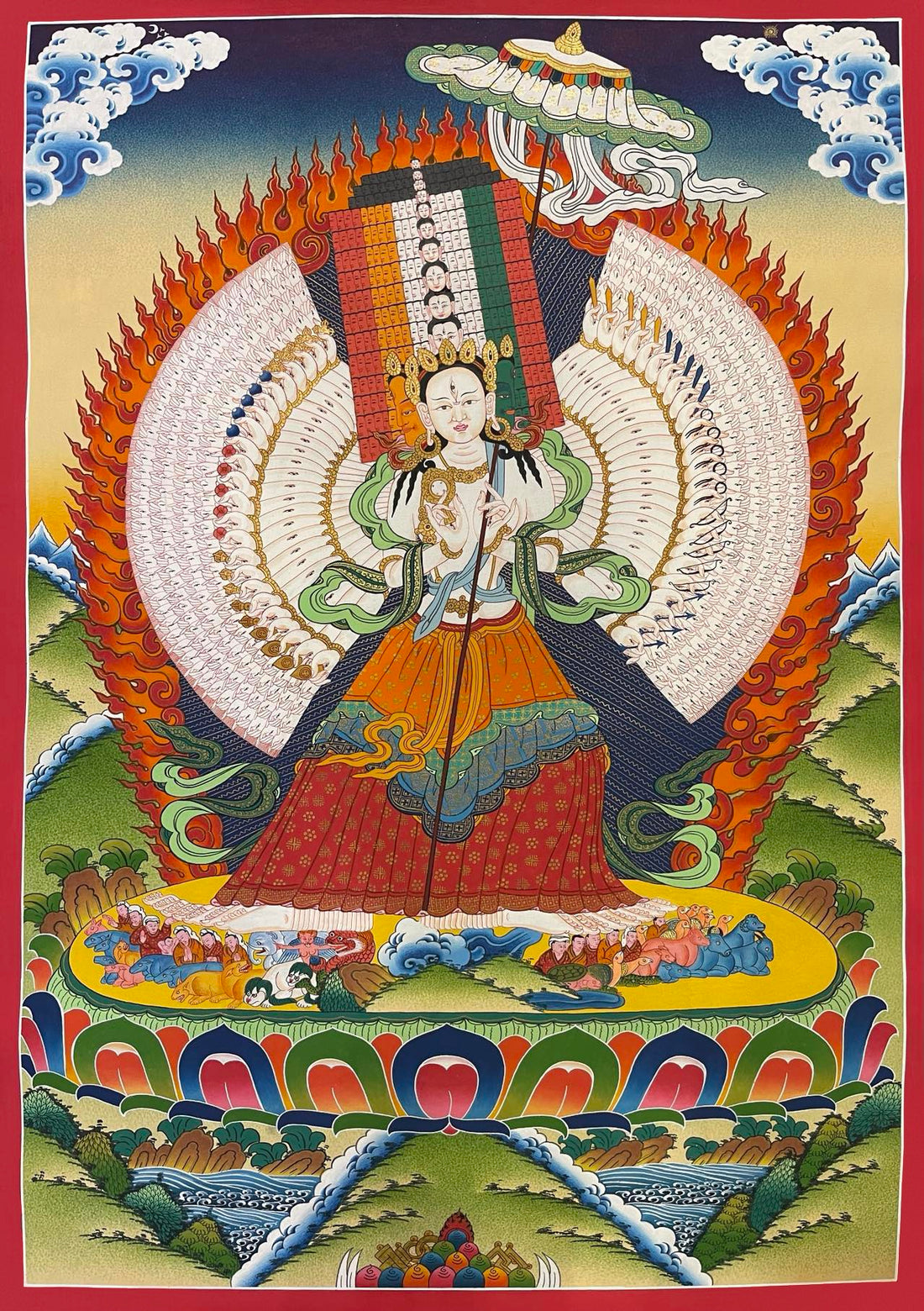 Dukkar thangka, 56×79 cm: thousand-armed Dukkar holding a white parasol before a ring of flames