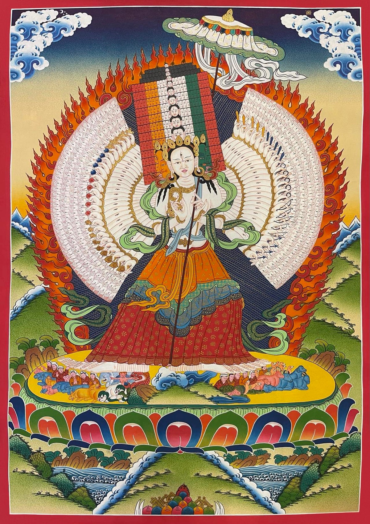 Dukkar thangka, 56×79 cm: thousand-armed Dukkar holding a white parasol before a ring of flames