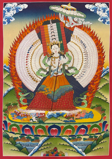 Dukkar thangka, 56×79 cm: thousand-armed Dukkar holding a white parasol before a ring of flames
