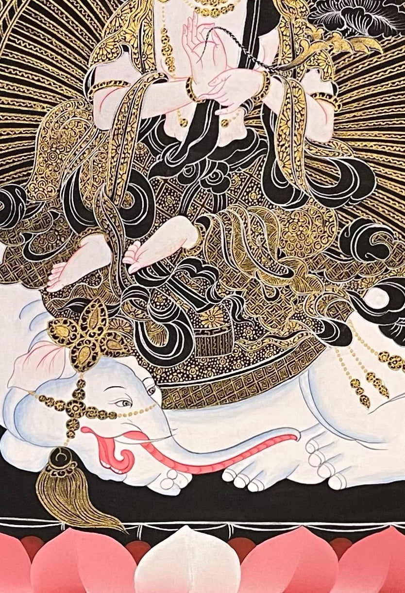 Samantabhadra Bodhisattva thangka, 57×81 cm: white Samantabhadra on a white elephant amid gold-coloured peonies, with dragons in the corners