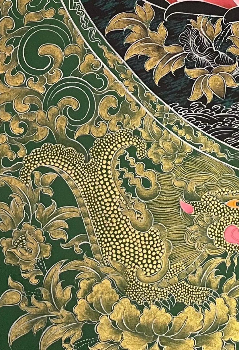 Samantabhadra Bodhisattva thangka, detail: bottom-left corner