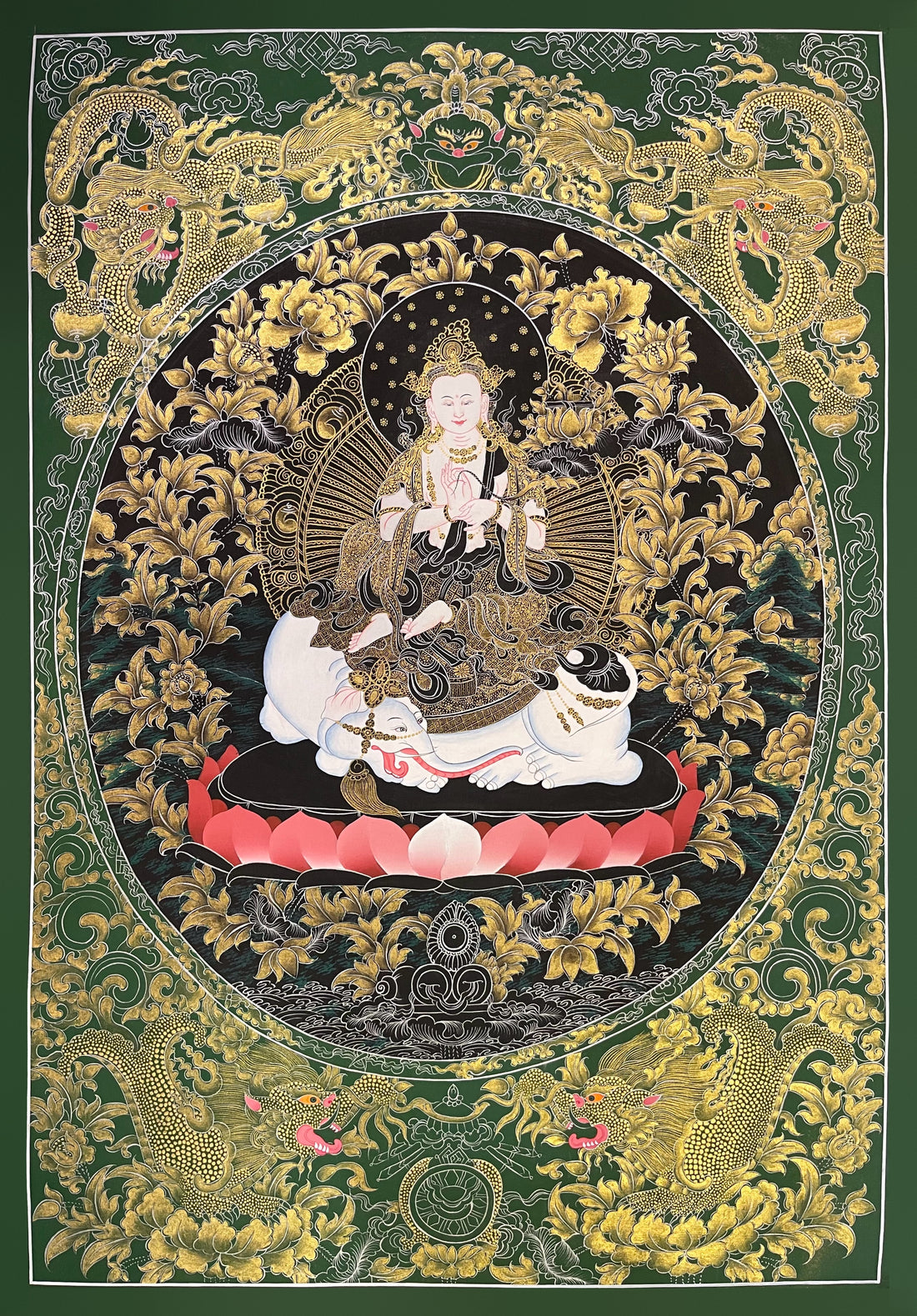 Samantabhadra Bodhisattva thangka, 57×81 cm: white Samantabhadra on a white elephant amid gold-coloured peonies, with dragons in the corners