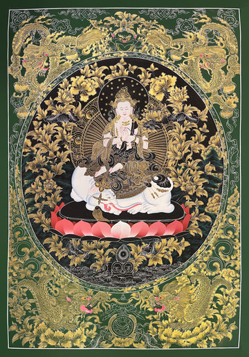 Samantabhadra Bodhisattva thangka, 57×81 cm: white Samantabhadra on a white elephant amid gold-coloured peonies, with dragons in the corners