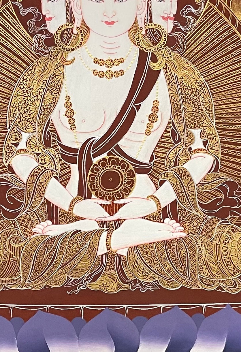Vairocana thangka, 57×81 cm: four-faced white Vairocana with a dharma wheel in fine gold-coloured line work, framed by four dragons on black