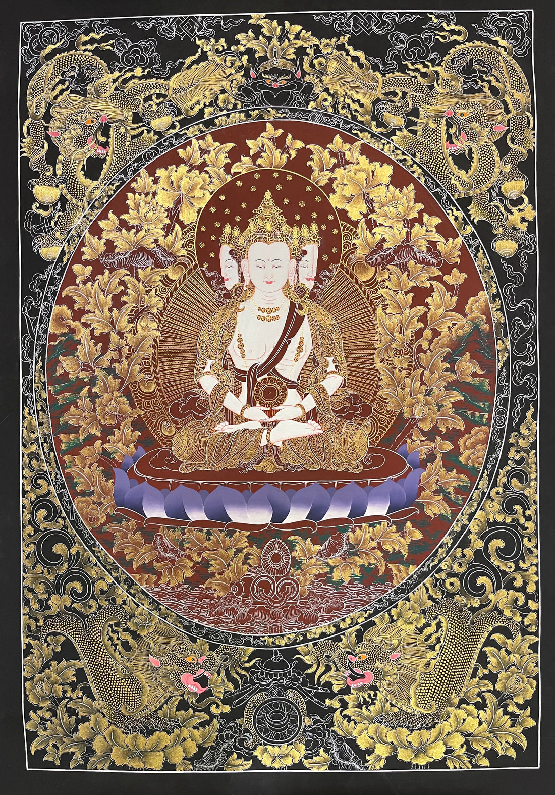 Vairocana thangka, 57×81 cm: four-faced white Vairocana with a dharma wheel in fine gold-coloured line work, framed by four dragons on black