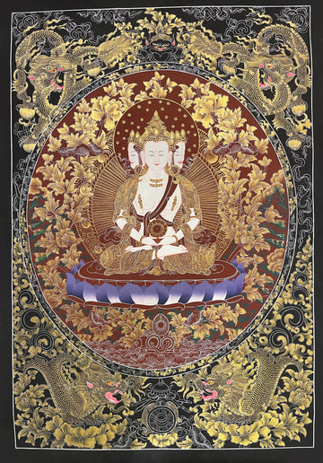 Vairocana thangka, 57×81 cm: four-faced white Vairocana with a dharma wheel in fine gold-coloured line work, framed by four dragons on black