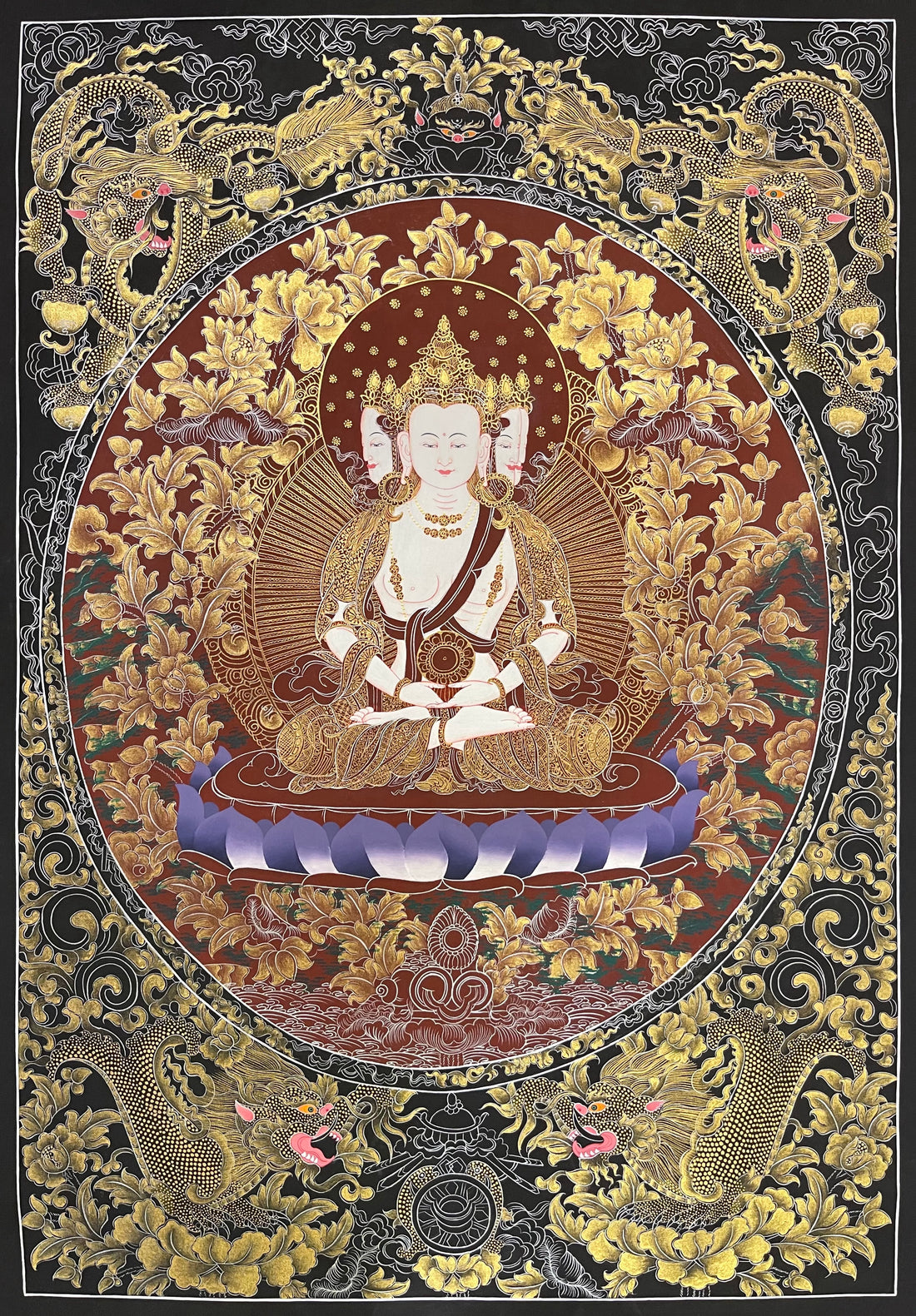 Vairocana thangka, 57×81 cm: four-faced white Vairocana with a dharma wheel in fine gold-coloured line work, framed by four dragons on black