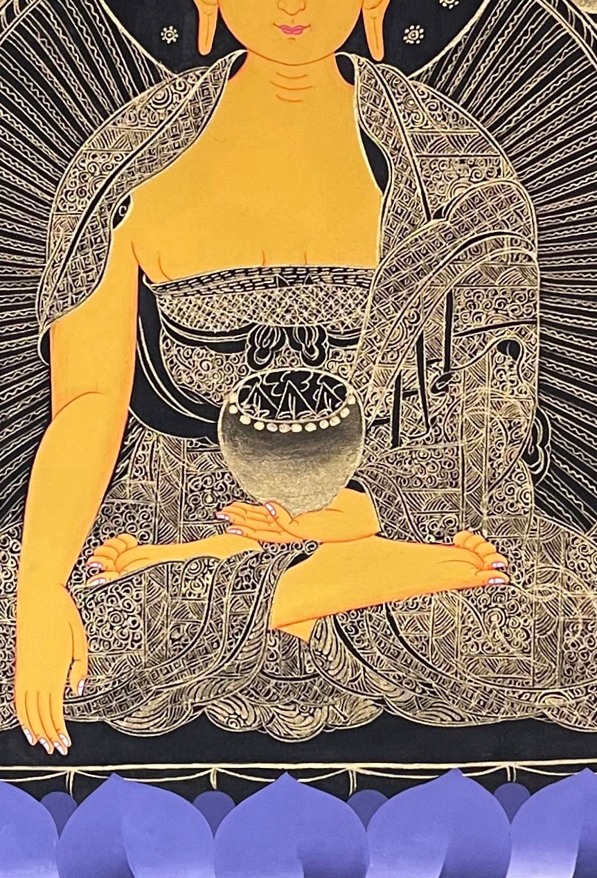 Shakyamuni Buddha thangka, 57×81 cm: Shakyamuni in fine gold-coloured line work on black, framed by four dragons on maroon