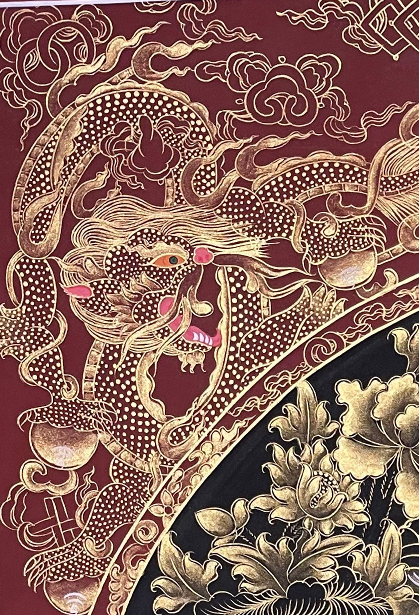 Shakyamuni Buddha thangka, detail: top-left corner