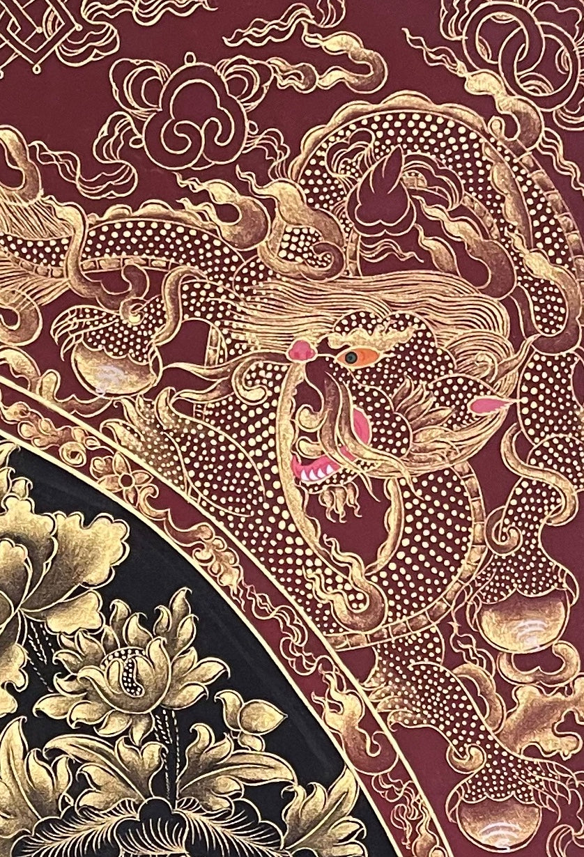 Shakyamuni Buddha thangka, detail: top-right corner