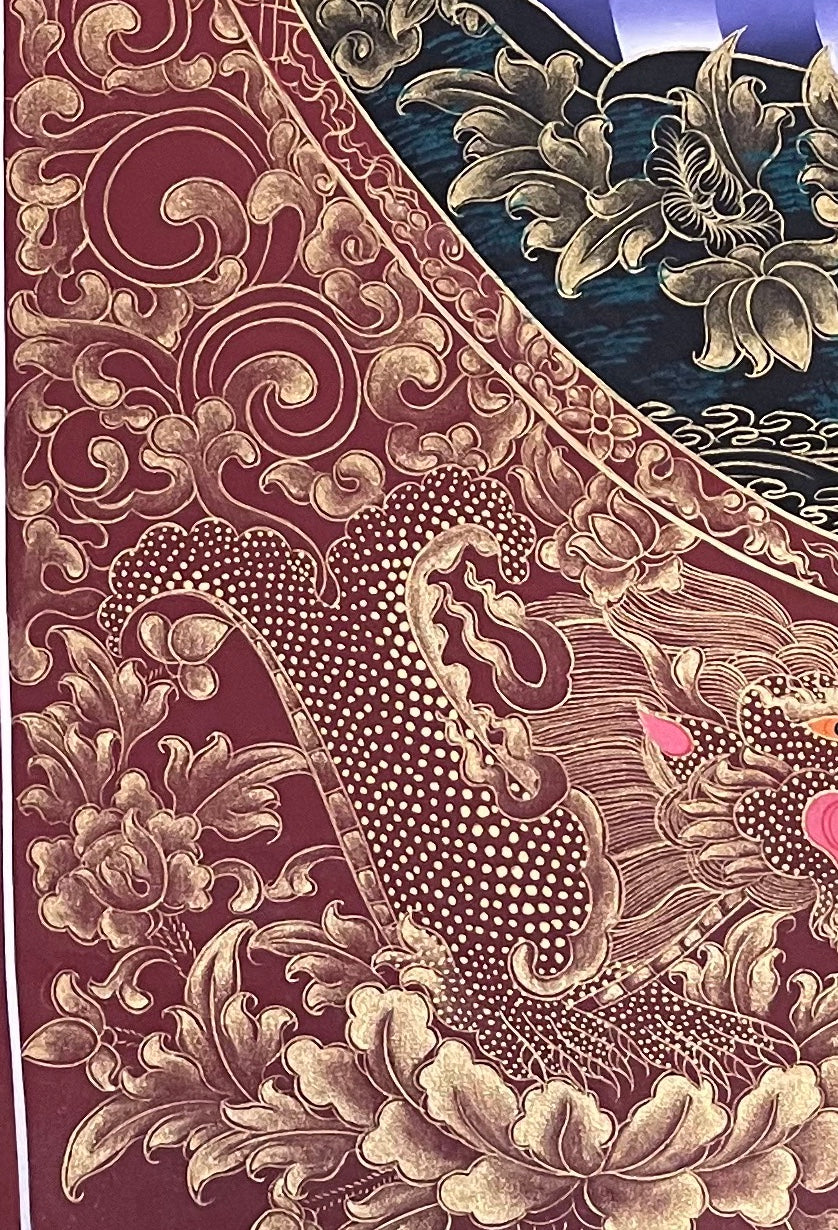 Shakyamuni Buddha thangka, detail: bottom-left corner