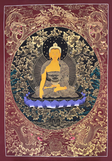 Shakyamuni Buddha thangka, 57×81 cm: Shakyamuni in fine gold-coloured line work on black, framed by four dragons on maroon