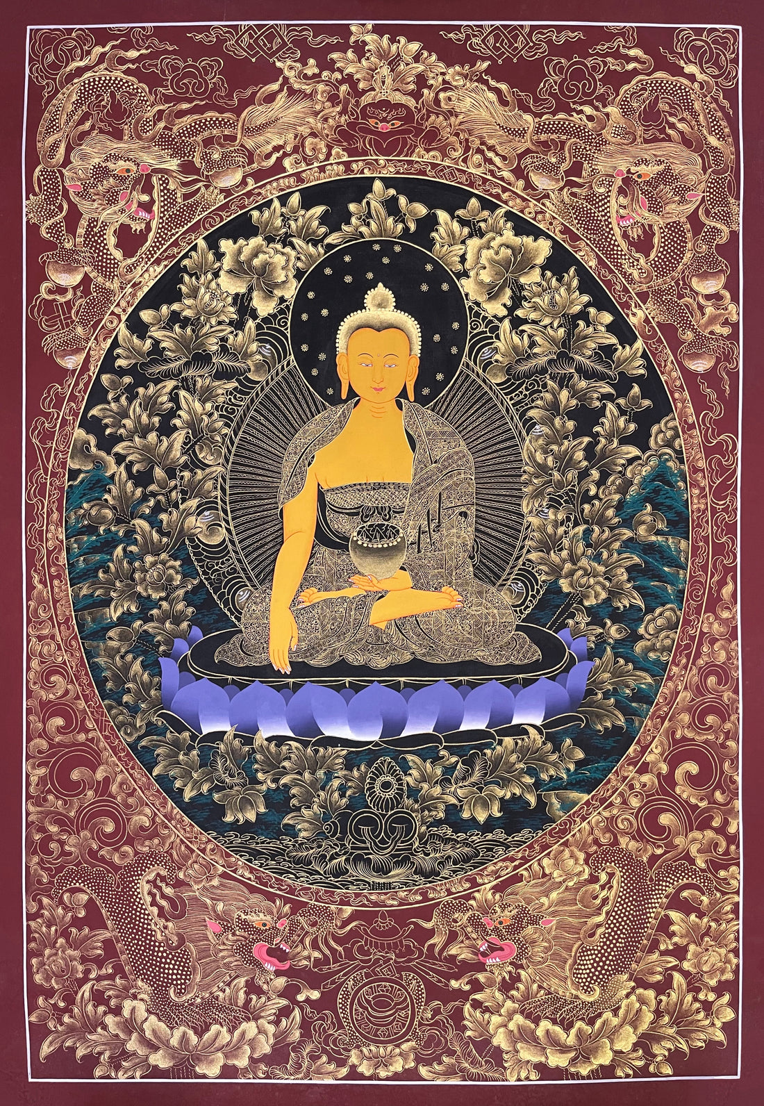 Shakyamuni Buddha thangka, 57×81 cm: Shakyamuni in fine gold-coloured line work on black, framed by four dragons on maroon