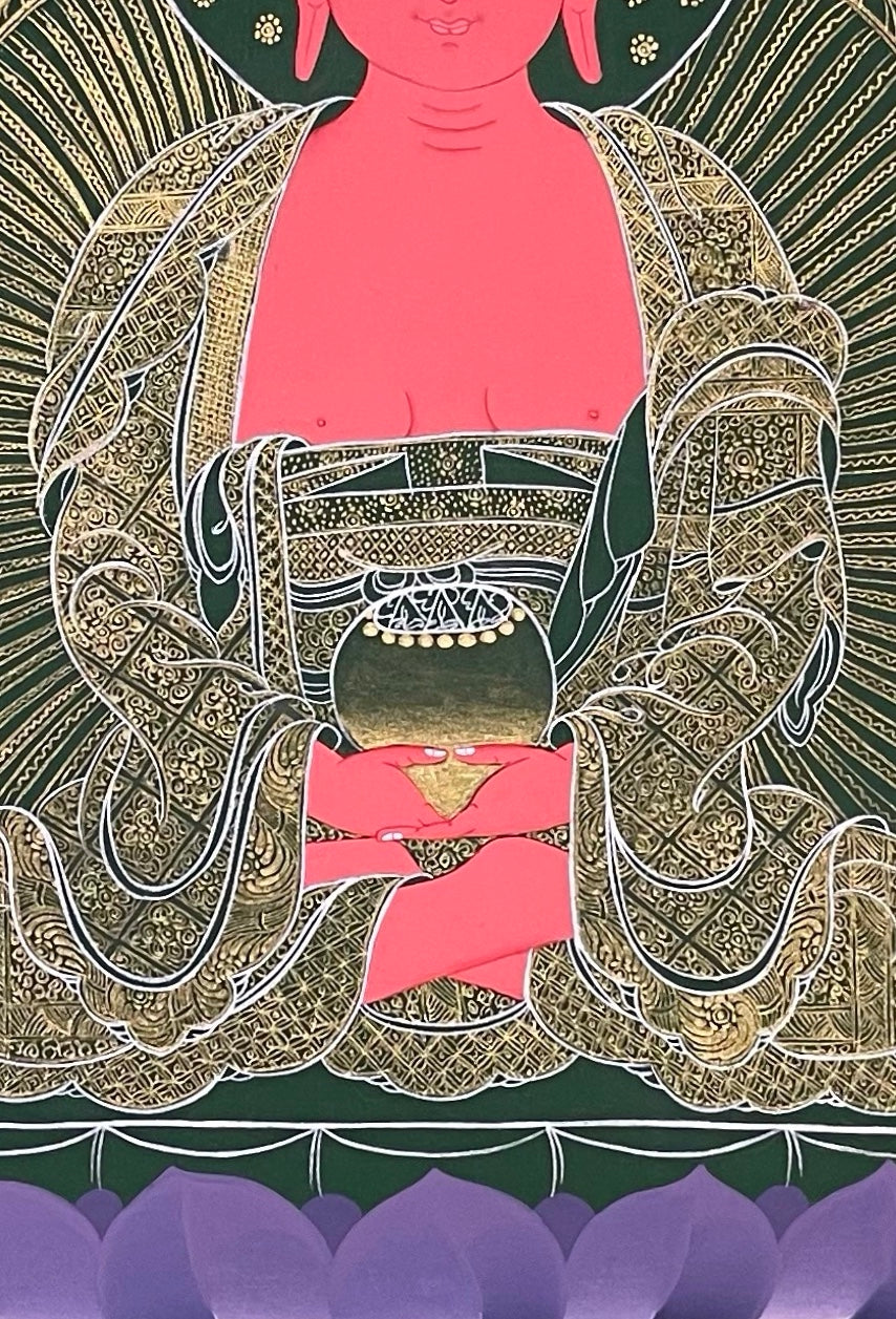 Amitabha Buddha thangka, 57×81 cm: red Amitabha in fine gold-coloured line work on dark green, framed by four dragons on maroon
