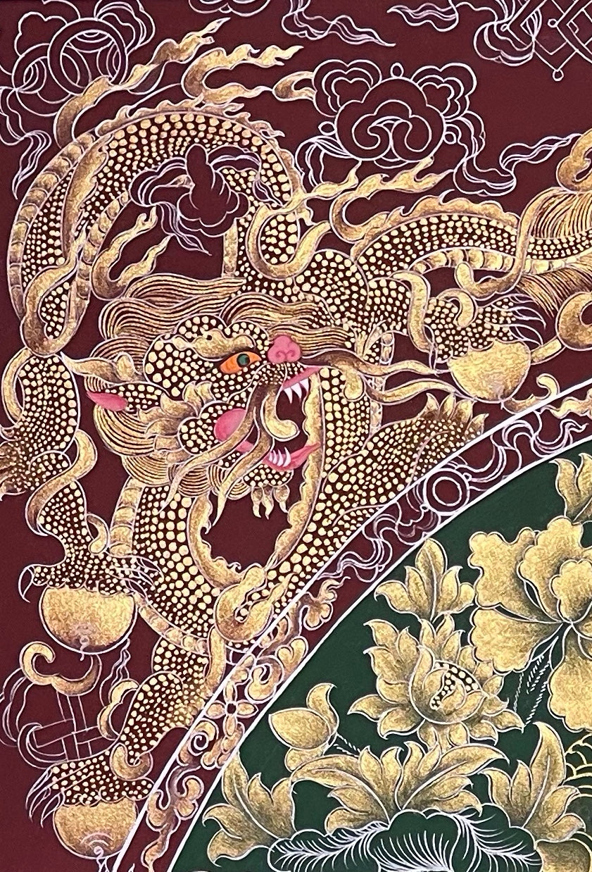 Amitabha Buddha thangka, detail: top-left corner