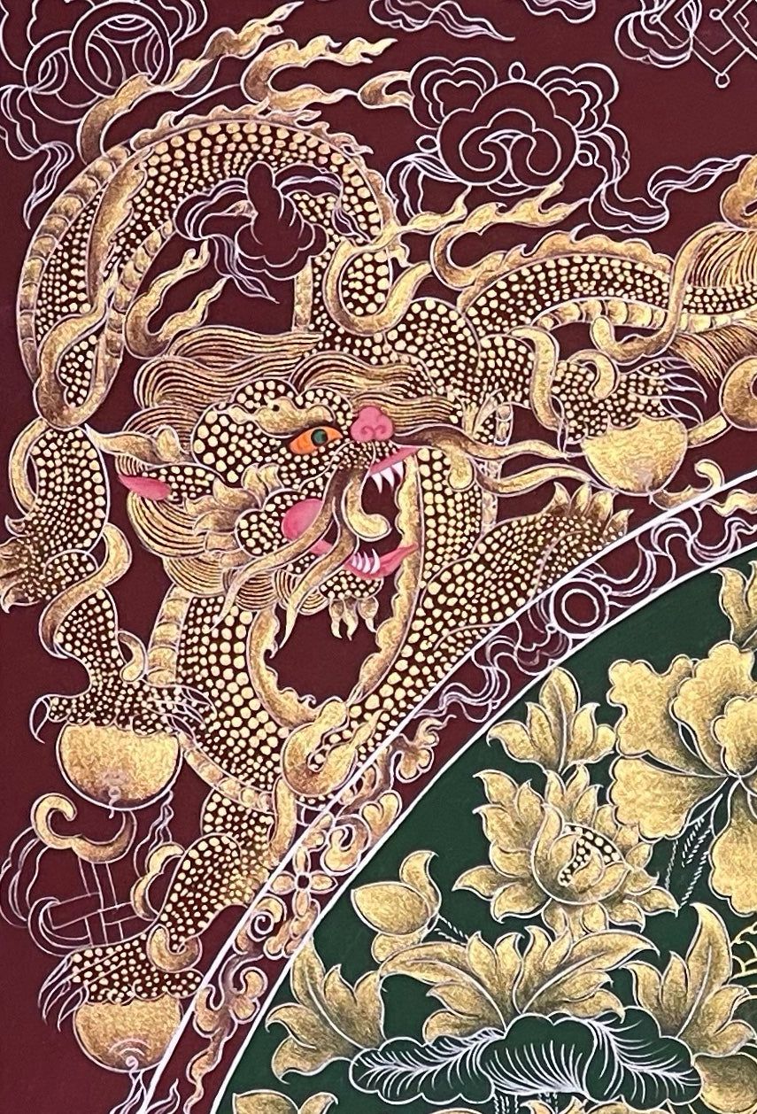 Amitabha Buddha thangka, detail: top-left corner