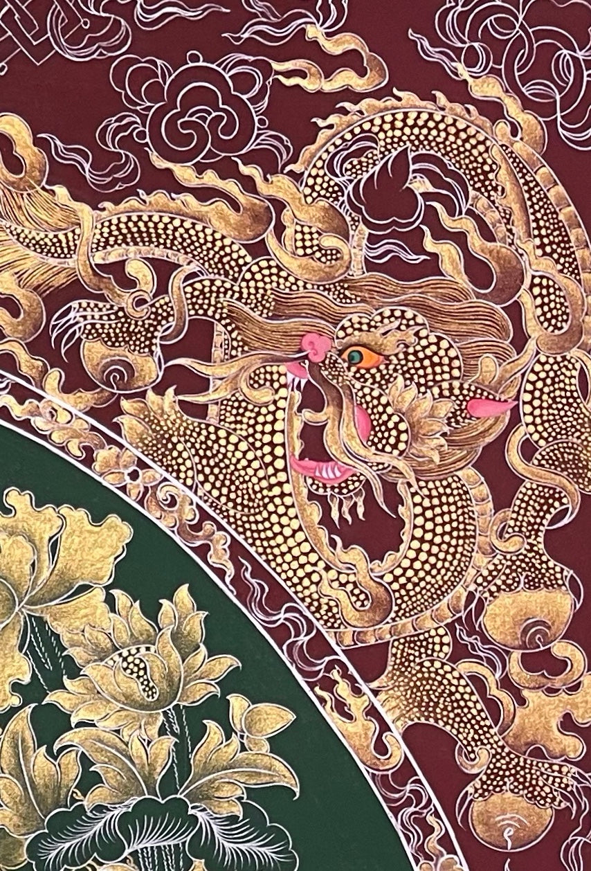 Amitabha Buddha thangka, detail: top-right corner