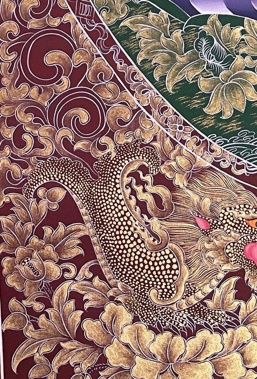 Amitabha Buddha thangka, detail: bottom-left corner
