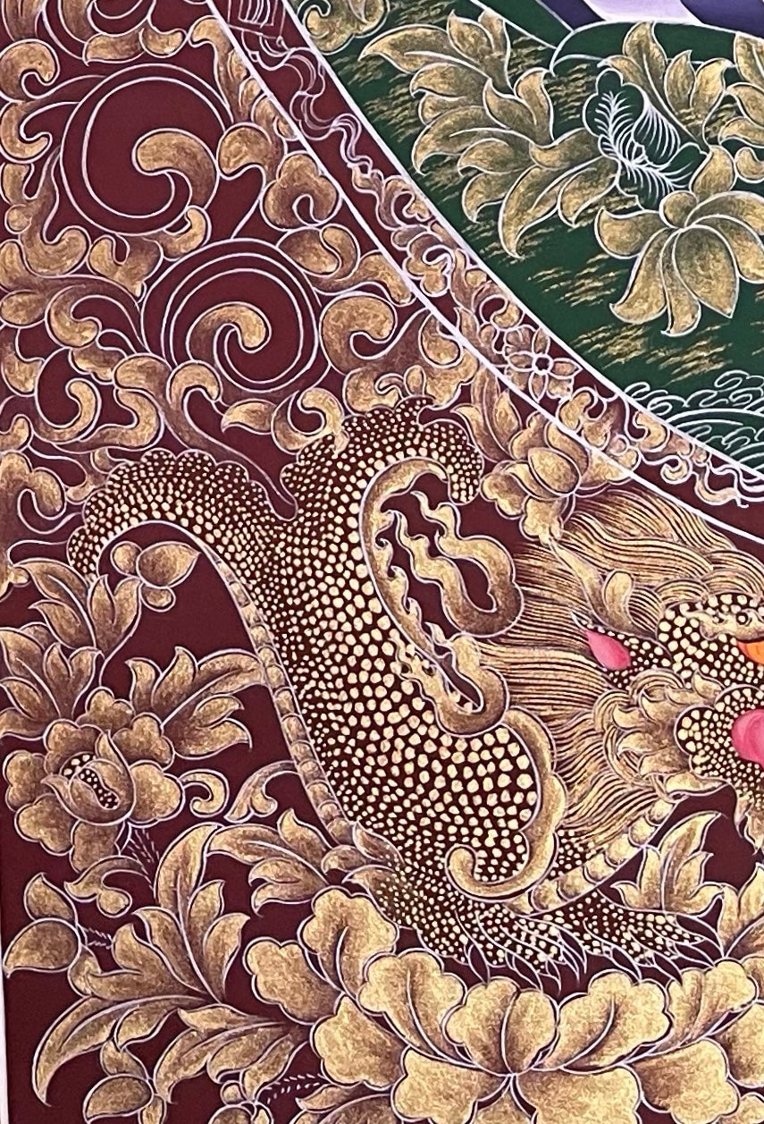 Amitabha Buddha thangka, detail: bottom-left corner