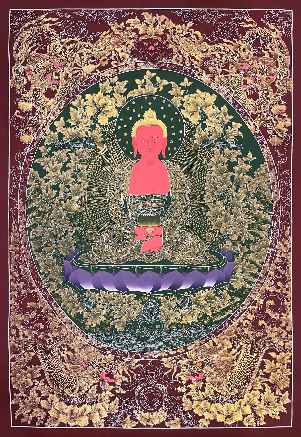 Amitabha Buddha thangka, 57×81 cm: red Amitabha in fine gold-coloured line work on dark green, framed by four dragons on maroon