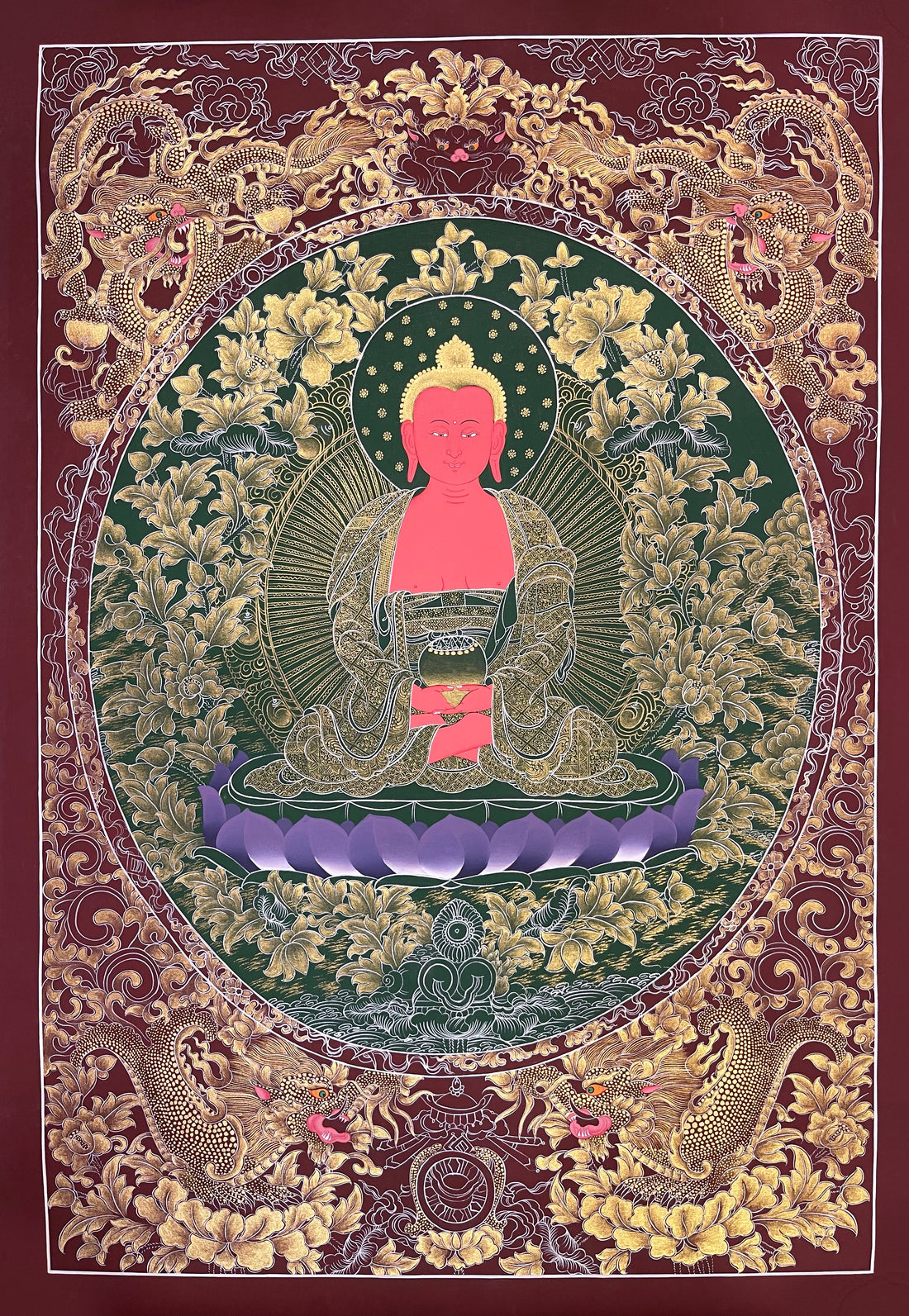 Amitabha Buddha thangka, 57×81 cm: red Amitabha in fine gold-coloured line work on dark green, framed by four dragons on maroon