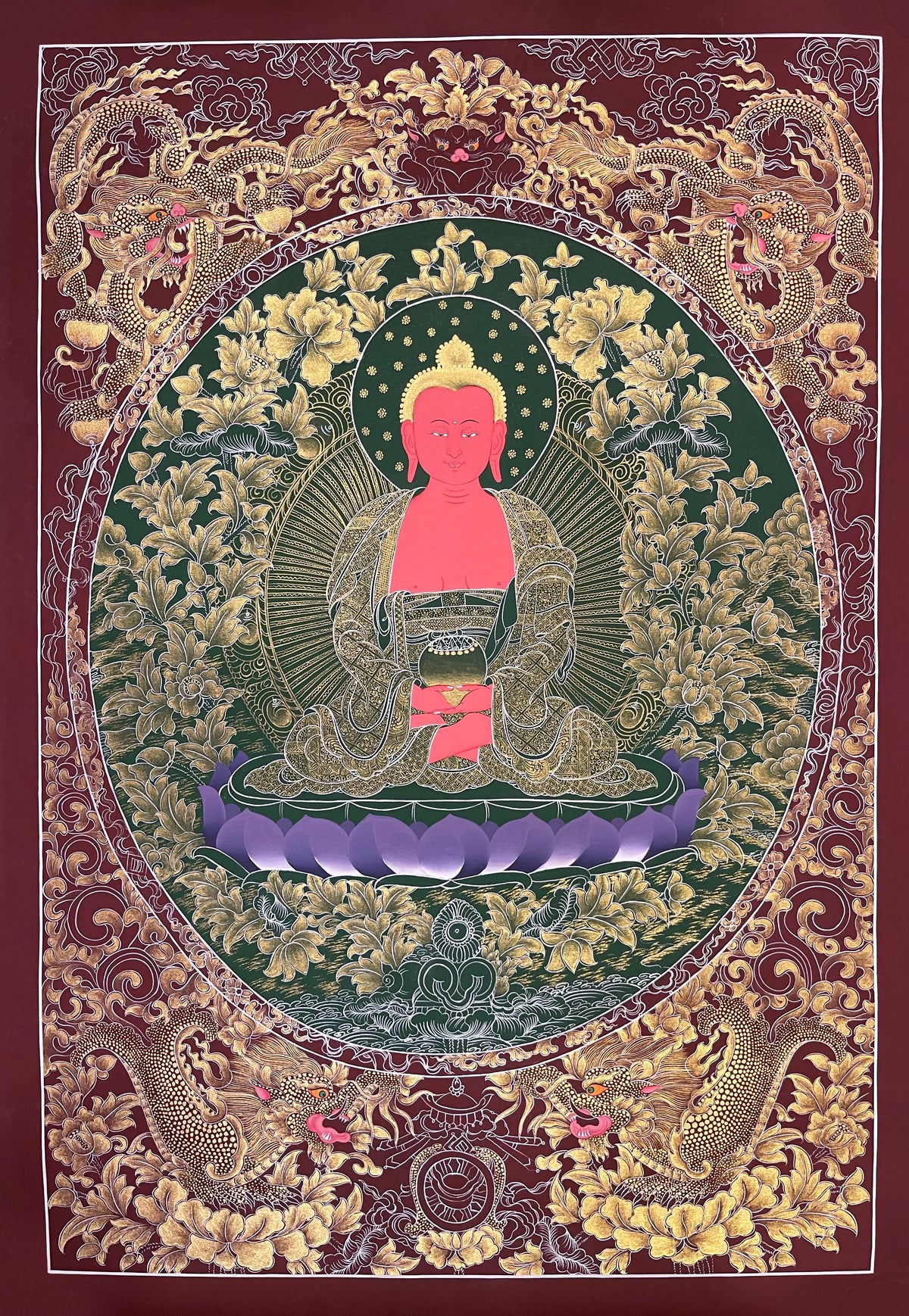 Amitabha Buddha thangka, 57×81 cm: red Amitabha in fine gold-coloured line work on dark green, framed by four dragons on maroon