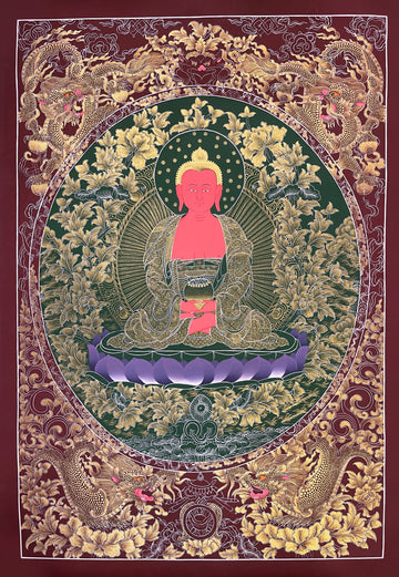 Amitabha Buddha thangka, 57×81 cm: red Amitabha in fine gold-coloured line work on dark green, framed by four dragons on maroon