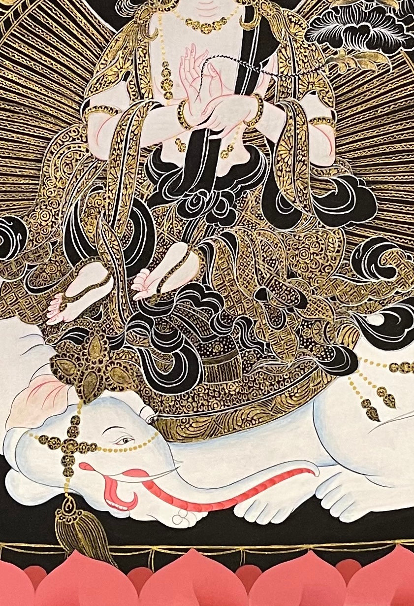 Samantabhadra Bodhisattva thangka, 56×81 cm: Samantabhadra on a white elephant in fine gold-coloured line work on black