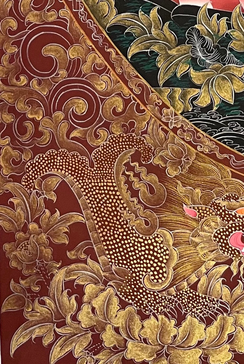 Samantabhadra Bodhisattva thangka, detail: bottom-left corner
