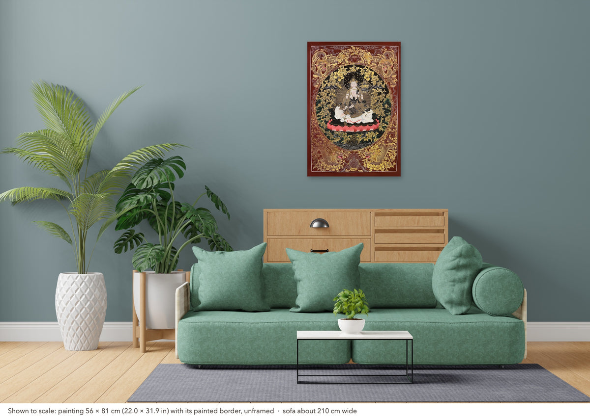 Samantabhadra Bodhisattva thangka shown to scale in a living room, unframed, above a sofa about 210 cm wide (56×81 cm)