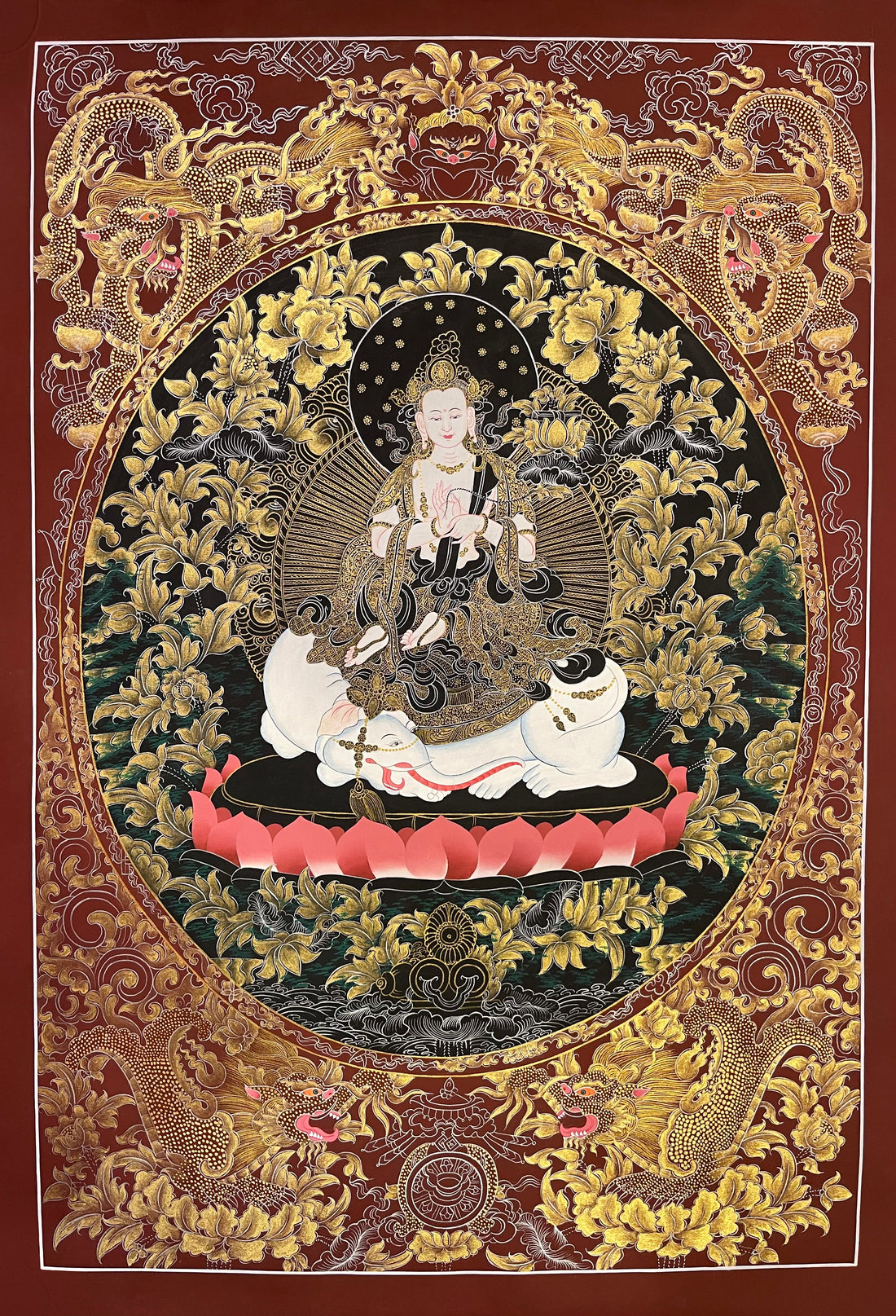Samantabhadra Bodhisattva thangka, 56×81 cm: Samantabhadra on a white elephant in fine gold-coloured line work on black