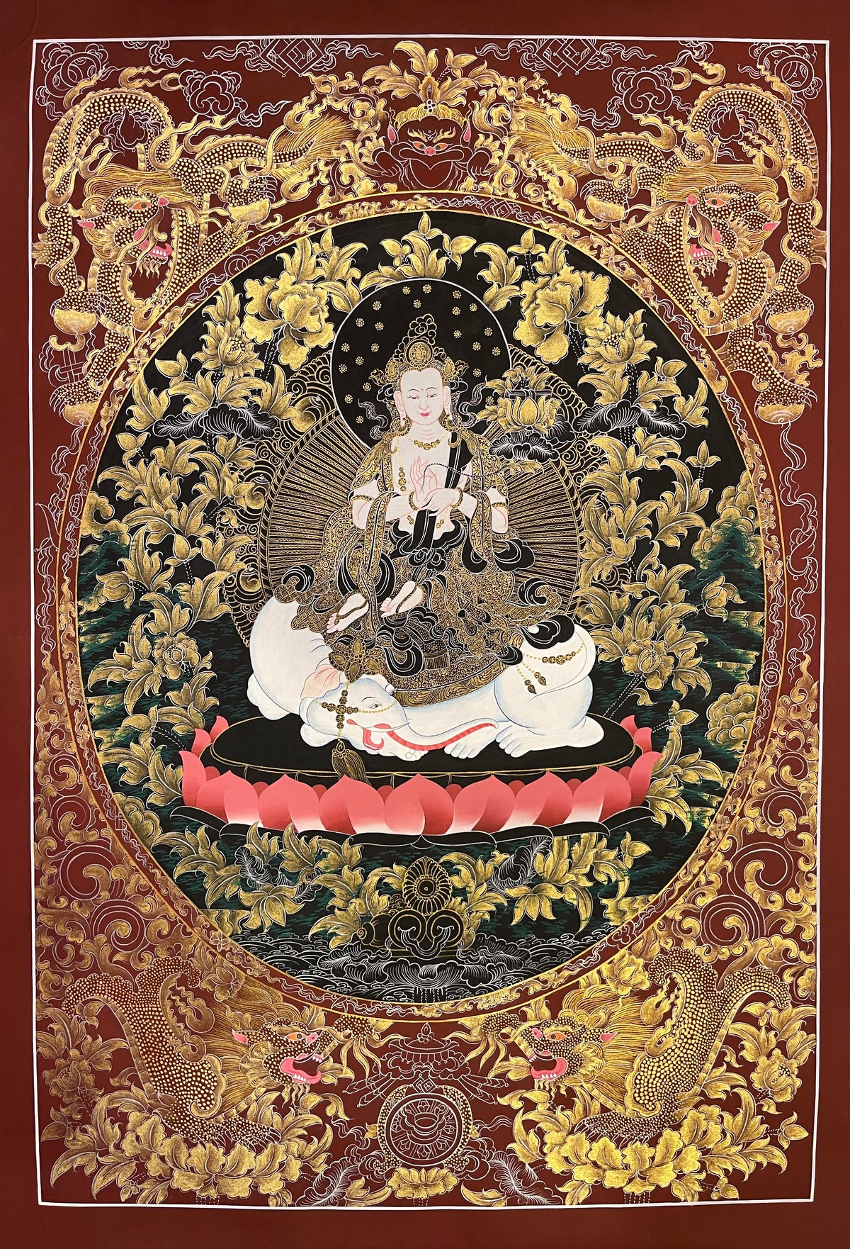 Samantabhadra Bodhisattva thangka, 56×81 cm: Samantabhadra on a white elephant in fine gold-coloured line work on black