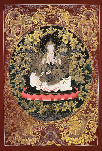 Samantabhadra Bodhisattva thangka, 56×81 cm: Samantabhadra on a white elephant in fine gold-coloured line work on black
