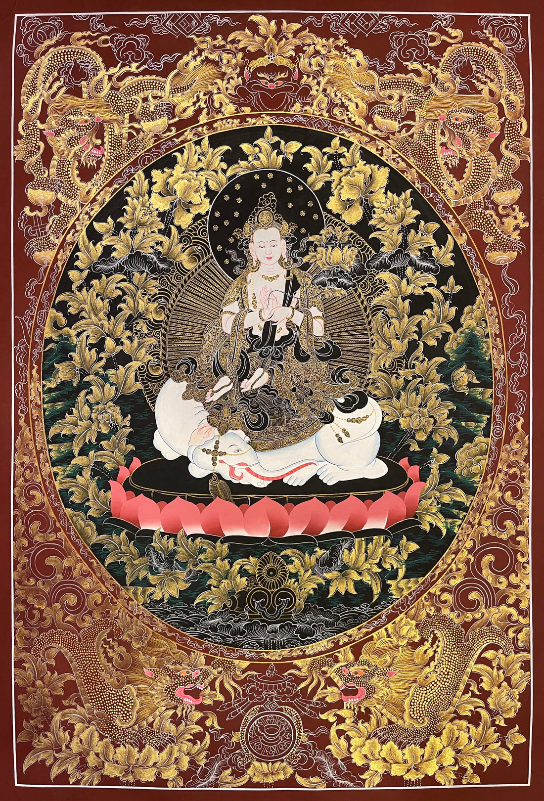 Samantabhadra Bodhisattva thangka, 56×81 cm: Samantabhadra on a white elephant in fine gold-coloured line work on black