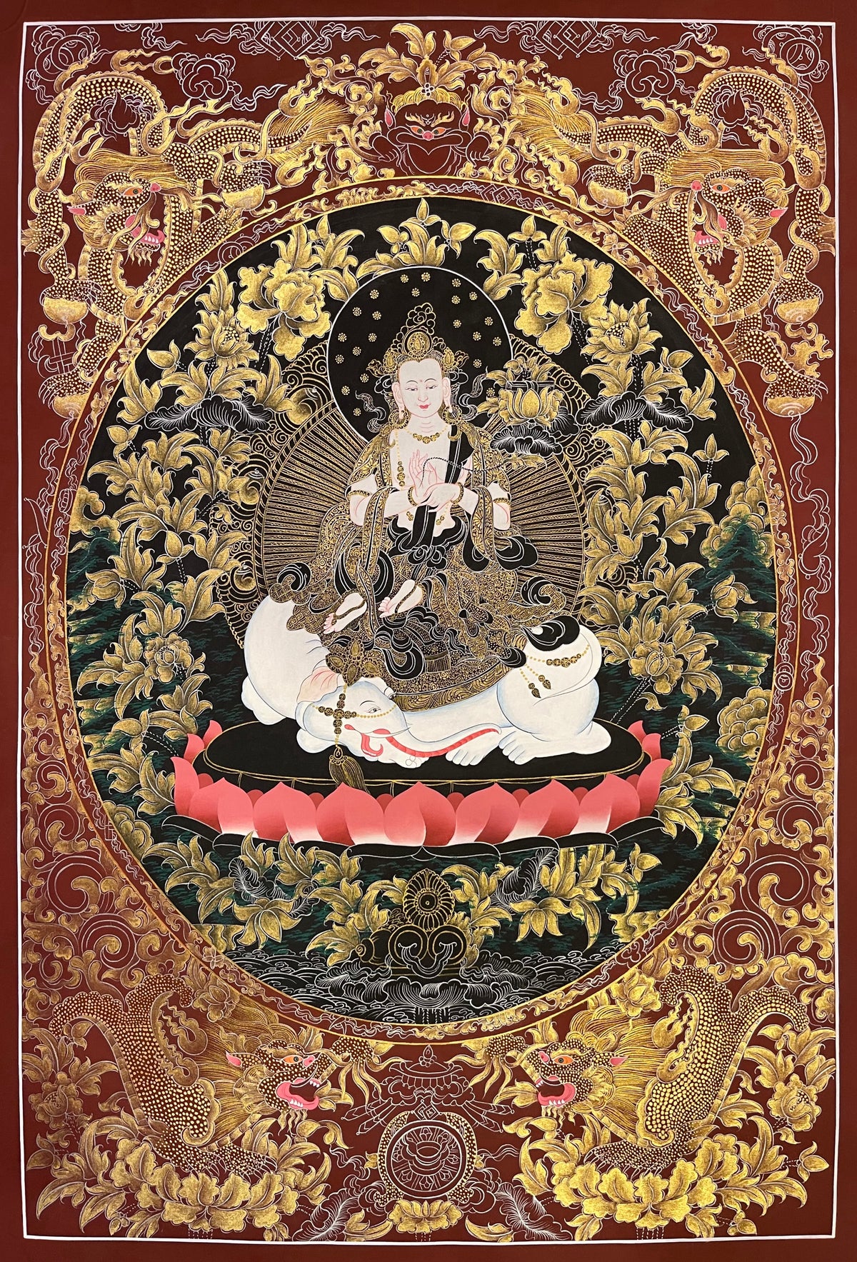 Samantabhadra Bodhisattva thangka, 56×81 cm: Samantabhadra on a white elephant in fine gold-coloured line work on black