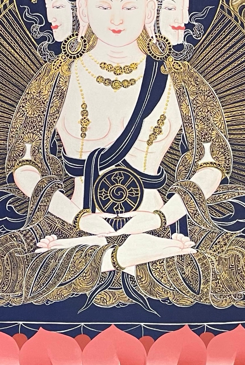Vairocana thangka, 57×81 cm: four-faced white Vairocana with a dharma wheel in fine gold-coloured line work on navy, framed by four dragons