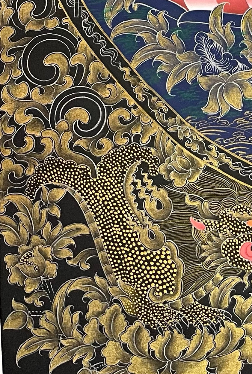 Vairocana thangka, detail: bottom-left corner